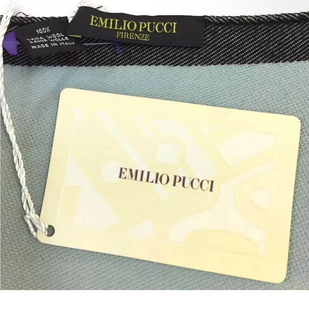 Auth NWT Emilio Pucci 100% Wool Neutrals Blues Striped Scarf Stole Muffler Wrap